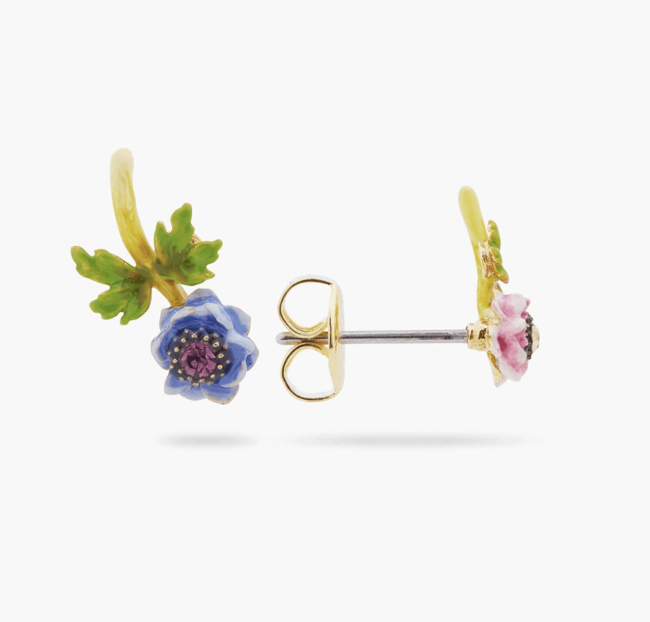 Pink and blue anemones asymmetrical ball earrings