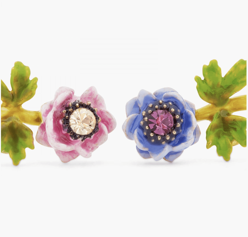 Pink and blue anemones asymmetrical ball earrings