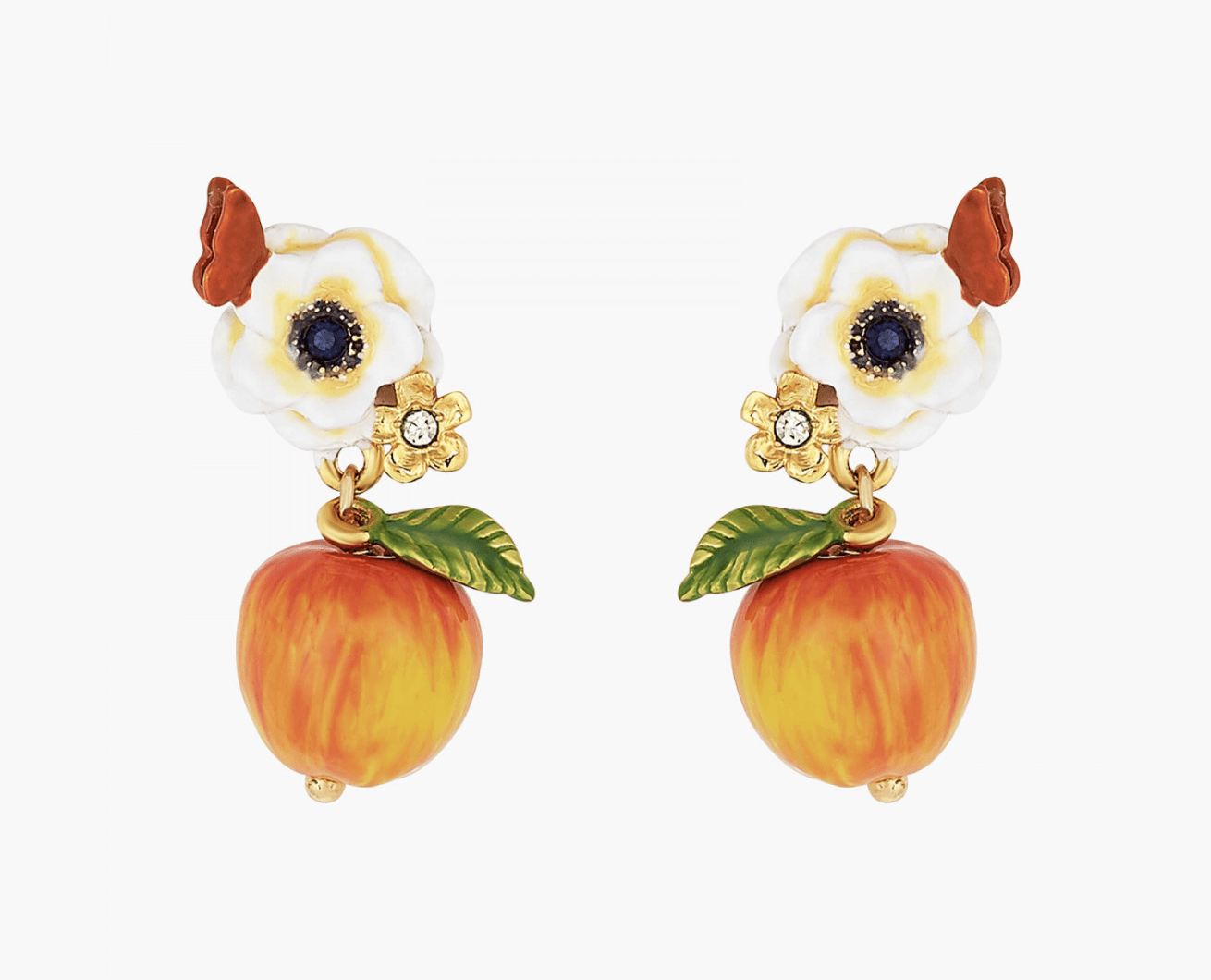 White poppy flower, butterfly and crisp apple ball earrings