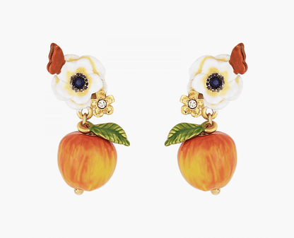 White poppy flower, butterfly and crisp apple ball earrings