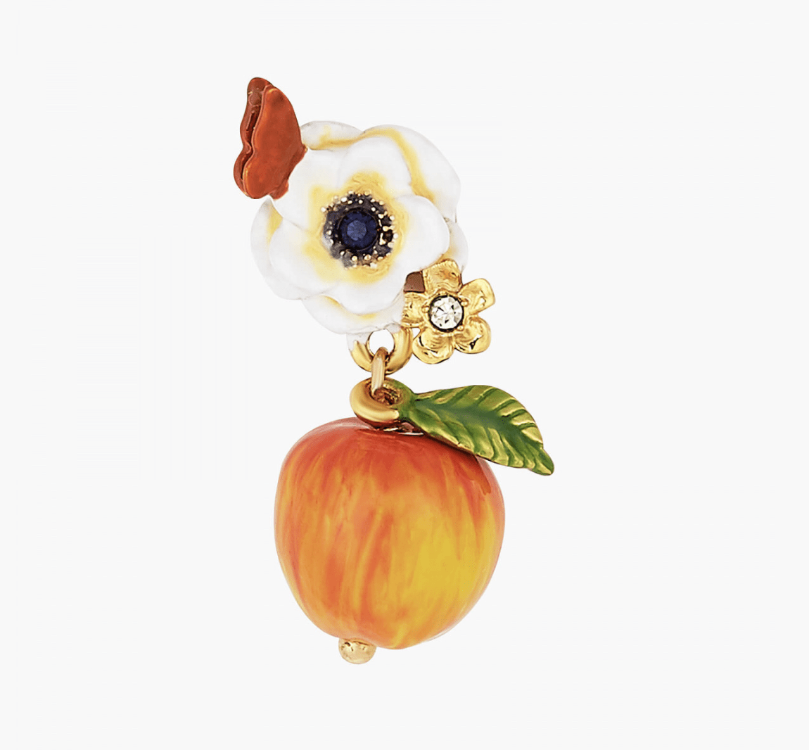 White poppy flower, butterfly and crisp apple ball earrings