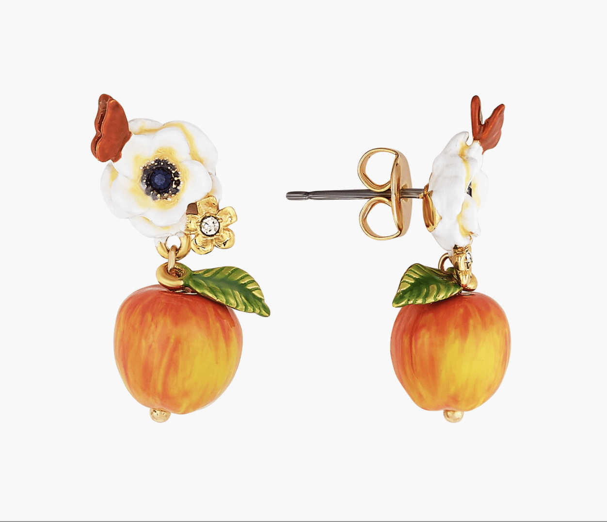 White poppy flower, butterfly and crisp apple ball earrings