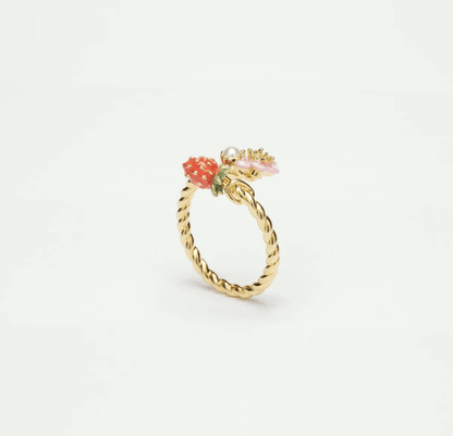 Wild strawberry and pink flower adjustable ring 