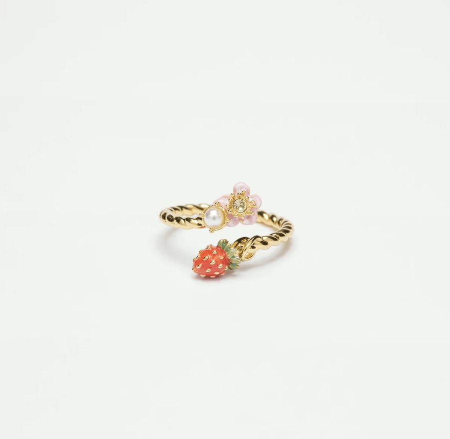 Wild strawberry and pink flower adjustable ring 