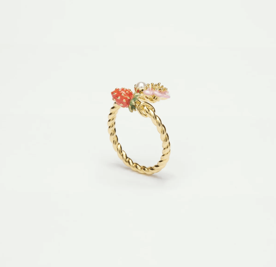 Anillo ajustable fresa silvestre y flor rosa