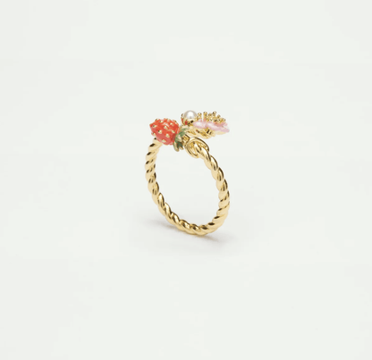 Wild strawberry and pink flower adjustable ring 