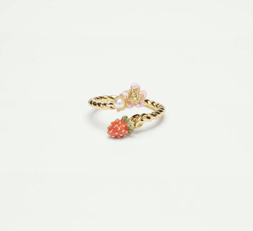 Wild strawberry and pink flower adjustable ring 