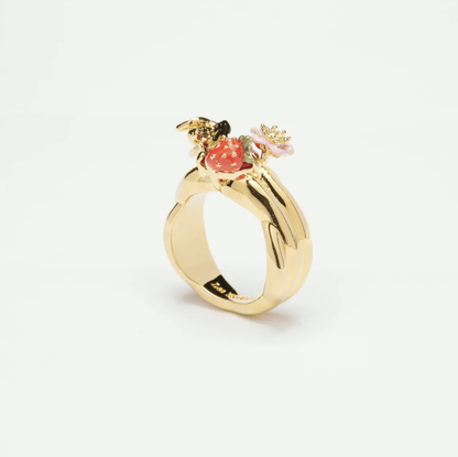 Wild strawberry, bumblebee and round stone cocktail ring 