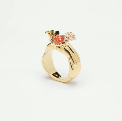 Wild strawberry, bumblebee and round stone cocktail ring 