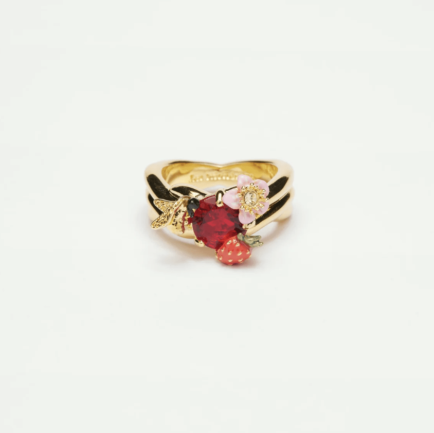 Wild strawberry, bumblebee and round stone cocktail ring 