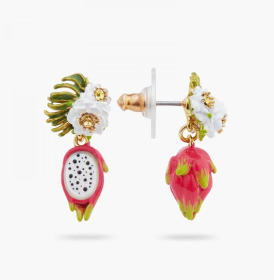 Dragon fruit and pitahaya flower dangle ball earrings