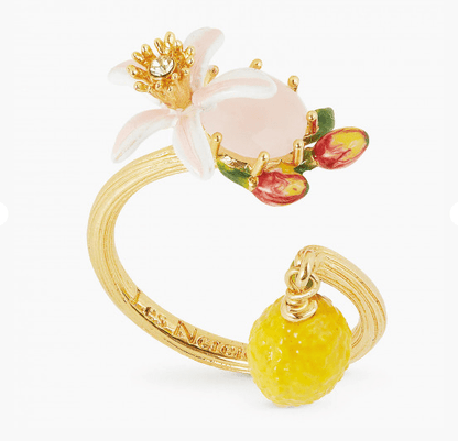 Lemon, flower and faceted crystal adjustable ring 