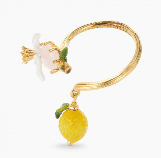 Lemon, flower and faceted crystal adjustable ring 