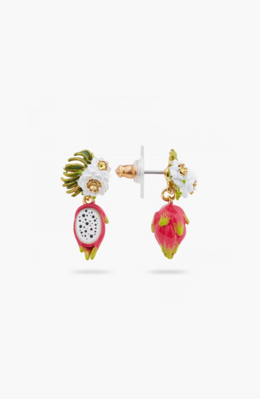 Dragon fruit and pitahaya flower dangle ball earrings