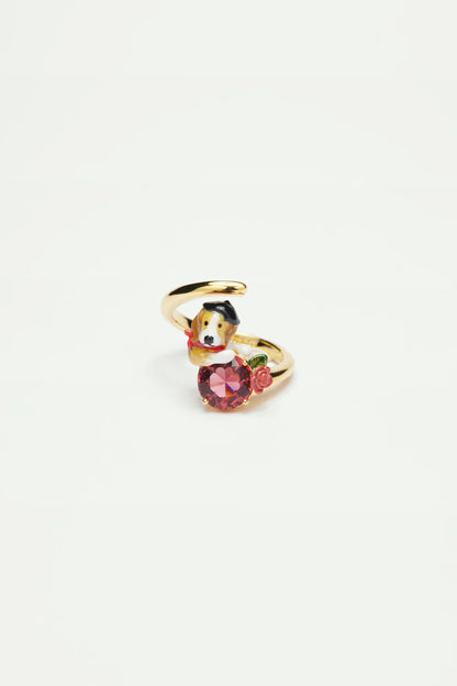 Anillo Ajustable Beagle y Piedra de Cristal Tallado Rosa