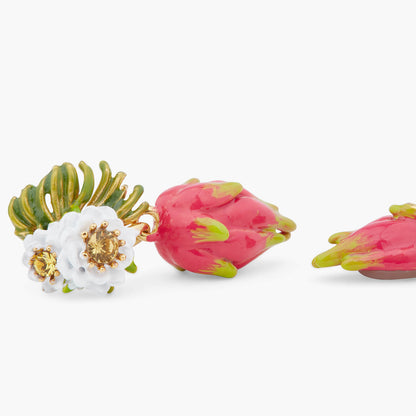 Dragon fruit and pitahaya flower dangle ball earrings